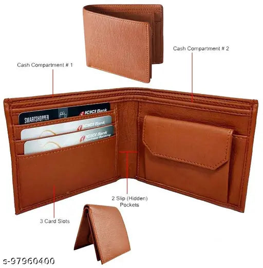 Tan faux leather men's wallet with 2 compartments, solid design, free size dimensions: L10cm x W11cm, made in India