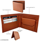 Tan faux leather men's wallet with 2 compartments, solid design, free size dimensions: L10cm x W11cm, made in India