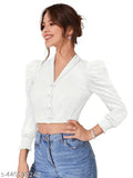 Women's polyester long-sleeve solid t-shirt, trendy crop top, lapel collar, puff sleeves