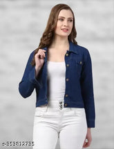 Blue denim jacket for women & girls, solid design with long sleeves, ideal for casual wear or night outs, Indian origin