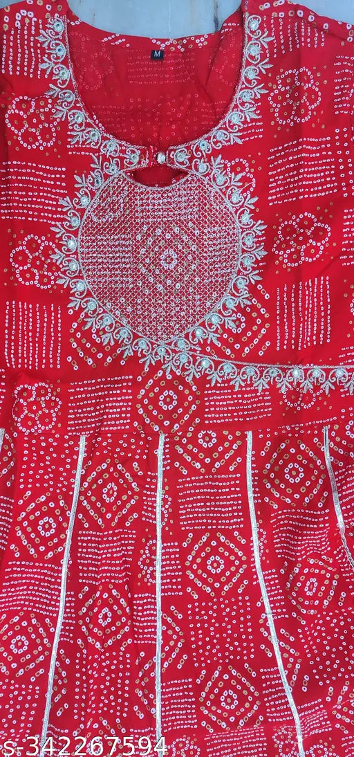 Women's rayon bandhani printed anarkali with three-quarter sleeves, India origin