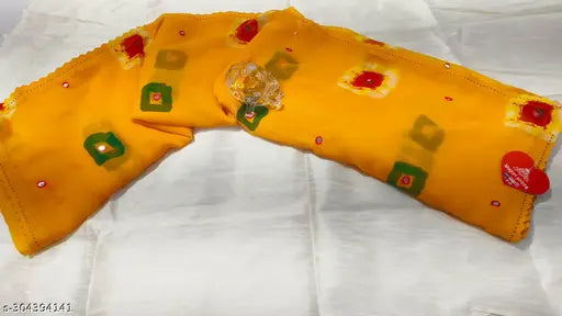 Yellow Georgette Sibori Bandhni saree with embellished blouse, premium quality, free size, India-made