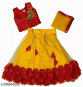 Embroidered satin & net Girls Lehenga Choli Set with Dupatta, vibrant floral patterns, Indian cultural wear for kids aged 2-11