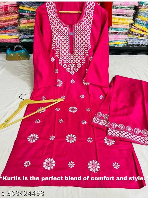 Elegant red Chikankari rayon embroidered kurta with palazzos, three-quarter sleeves, size M-6XL, India origin