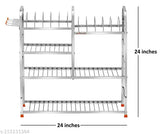 Stainless steel 4-shelf kitchen utensils rack, modular storage for dishes and cutlery. 24x24 inches upper plate, ideal for organizing kitchen essentials