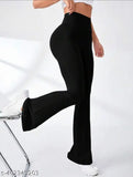 Black cotton lycra yoga pants with bell bottom style, comfortable and trendy for women's party wear or activewear. Made in India