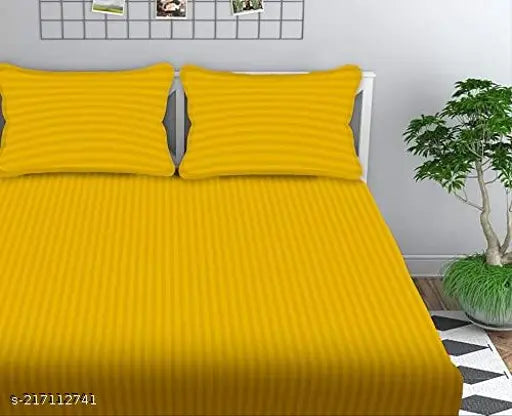 Yellow striped premium cotton satin elastic king-size fitted bedsheets with 2 pillow covers, double bed size 72x78+10 inches