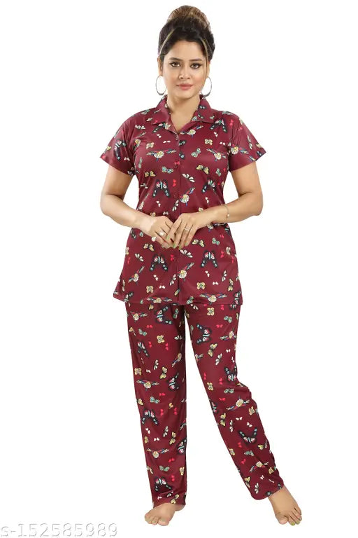 Comfortable butterfly print satin nightsuit for women/girls, ideal for cozy sleepovers and lounging around in style