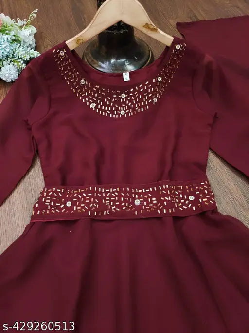 Maroon Georgette long sleeve dress, solid pattern, new traditional collection, belt included