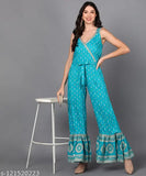 Turquoise blue rayon printed flared jumpsuit by KIPEK - stylish ethnic wear for women