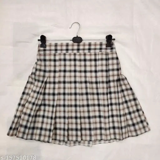 Pleated check skirts for women, polycotton, checked pattern, available in sizes 26, 28, and 30
