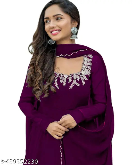 Long-sleeved solid Georgette wine anarkali gown with embroidered dupatta, India origin