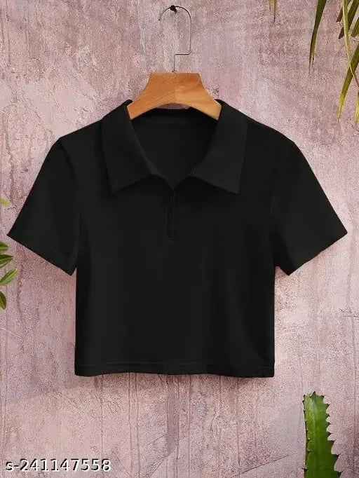 Collar zip cotton T-shirt, short sleeves, solid color, XS-XXXL sizes available