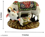 Handcrafted Marble Dust resin Kamdhenu cow and calf statue, traditional spiritual home decor with a touch of royal elegance