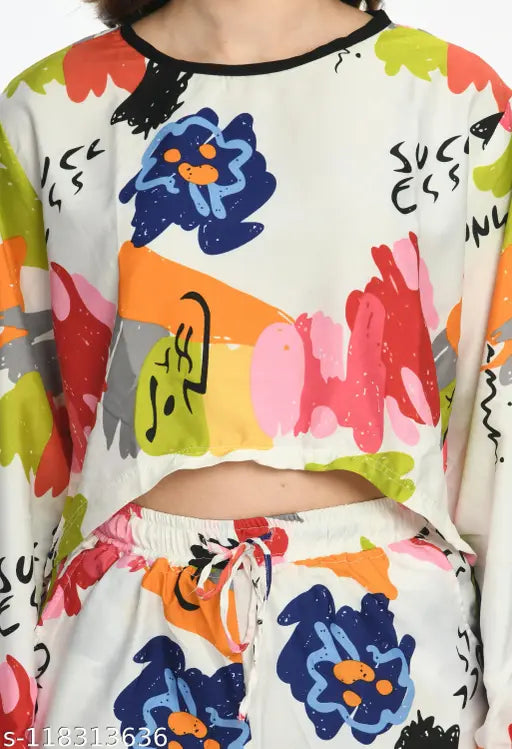 Retro polyester pink-white women's top & bottom set, long sleeves, crop top & abstract print shorts, comfortable nightwear from India