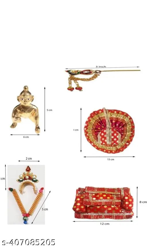 Krishna Idol set: Brass Krishna figurines with 1 number laddu, sringhar, poshak, bister, and banshi, Indian-made (0.5x1x0.5 inches, net quantity 5)