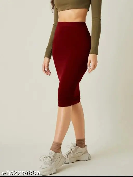 Maroon pencil-fit skirt for women, knee length, high stretch polyester with elegant style
