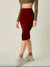 Maroon pencil-fit skirt for women, knee length, high stretch polyester with elegant style