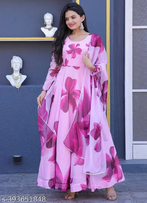 Long sleeves Dvd print gown, georgette fabric, vibrant floral design, Indian wedding attire