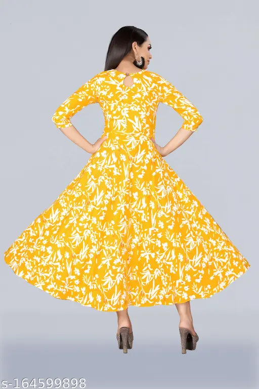 Rayon high neck antique printed gown kurti, three-quarter sleeves on mannequin, Indian fashion for women's wear, XS-XXL sizes available