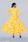 Rayon high neck antique printed gown kurti, three-quarter sleeves on mannequin, Indian fashion for women's wear, XS-XXL sizes available