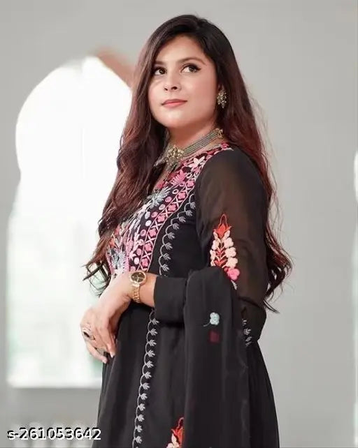 Fancy partyware women's georgette top & bottom set - long sleeves, black dori embroidery, Indian origin