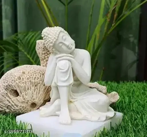White Poly-resin meditating Buddha statue, exquisitely handcrafted with Dhyana Mudra position, ideal for study rooms, living areas, or gardens
