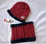 Maroon textured acrylic unisex winter beanie cap, face cover/balaclava, pack of 1