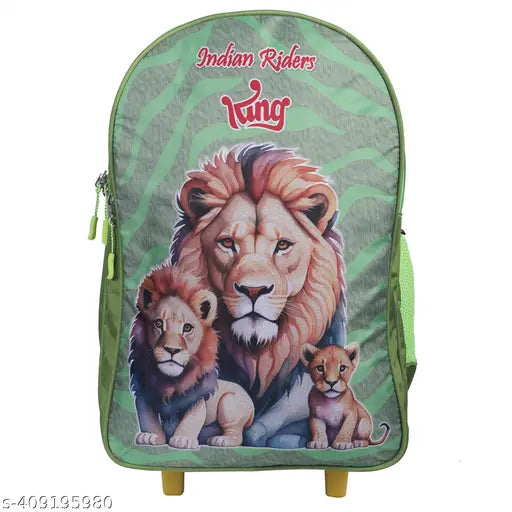 Waterproof polyester green trolley bag, 40L, 18 inches. Durable and spacious kid's school bag with attractive spider print, adjustable shoulder straps, and water bottle pocket