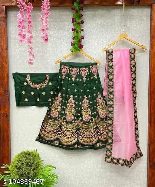 Embroidered satin lehenga choli for girls, ages 2-15 years, semi-stitched and versatile Indian attire