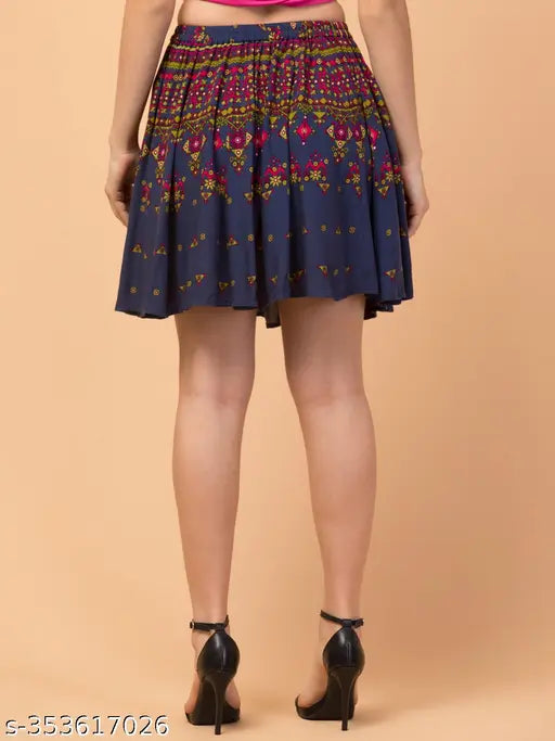 Multicolor rayon mini skirt, printed jaipuri design, enhances elegant look for women