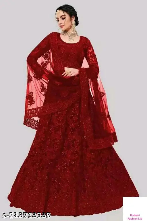 Maroon net lehenga Dhavani with embellished top and dupatta, semi-stitched, India origin