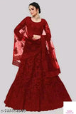 Maroon net lehenga Dhavani with embellished top and dupatta, semi-stitched, India origin
