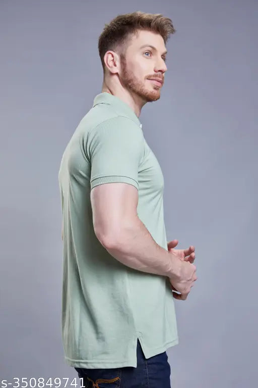 Green cotton blend 3BROS polo neck short sleeve men's t-shirt, trendy graphic design on eco-friendly fashion essential