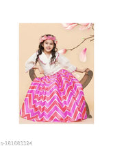 Girls' pink and white chanderi silk lehenga-choli with block stitch pattern, three-quarter sleeves, hand wash
