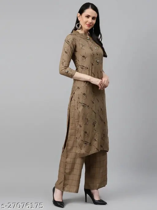 Brown rayon kurta palazzo set, printed calf length straight fit with mandarin collar and regular sleeves, India origin