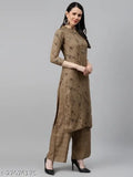 Brown rayon kurta palazzo set, printed calf length straight fit with mandarin collar and regular sleeves, India origin