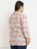 Brown & white abstract printed viscose rayon plus size top with mandarin collar and long sleeves