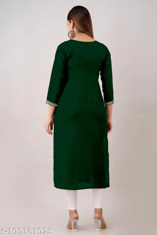 Green rayon embroidered straight kurti for office/party wear, Kapadia brand, three-quarter sleeves, festive wedding wear