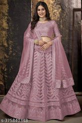 Pink net embroidered lehenga choli set with dupatta, ethnic motif design on semi-stitched Indian bridal wear (Lehenga waist size: 44in, Lehenga length size: 42in, Duppatta length size: 2.25in)