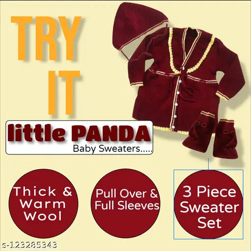 Woolen knitted baby girl sweater set with cap & booties, full sleeves, solid pattern