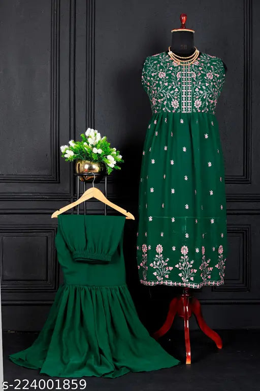 Indian Georgette embroidered Kurta Sharara set, sleeveless with round neck, single size in XXL