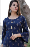 Blue rayon printed kurta and sharara set, three-quarter sleeves, Indian women's traditional clothing on display