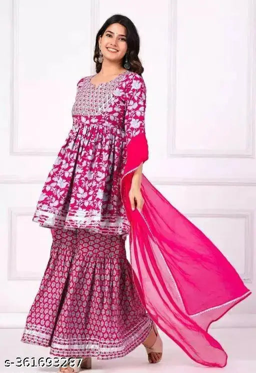 Women's pink sharara set with dupatta and bottomwear, rayon fabric, printed net, three-quarter sleeves