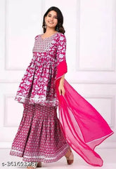 Women's pink sharara set with dupatta and bottomwear, rayon fabric, printed net, three-quarter sleeves