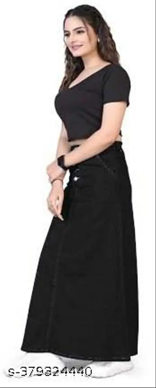 Black denim A-line maxi skirt, lightweight and breathable, ideal for all seasons and body types. Made with self designs and durable materials. Denim skirt (N) available in sizes 26-46 (waist 26-46, length 37 in, hip size varies). Origin: India