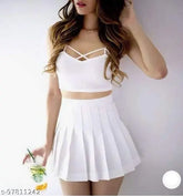 High-waist above knee pleated tennis skater skirt with attached shorts, solid polyester, women's fashionable mini skirt, versatile for parties or casual wear