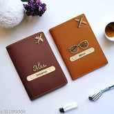 Brown and tan canvas-leather customizable passport cover combo pack for unisex men and women, featuring 2 compartments and 9 color options, each with a charm for personalization and card slots for organization