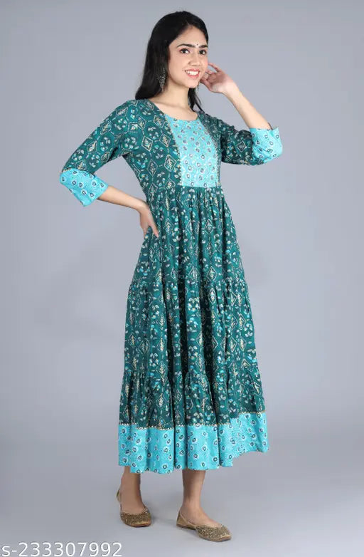 Rayon print anarkali kurti with yog stone hand work, three-quarter sleeve length Indian fashion on mannequin