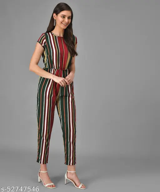 Multicolor stripe crepe jumpsuit for women, casual and stylish, vibrant pattern on display stand (XL)